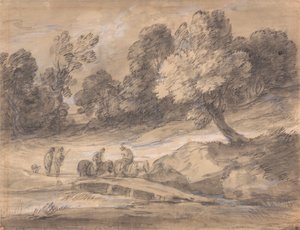 Paysage boisé avec figures à cheval traversant un pont - Thomas Gainsborough